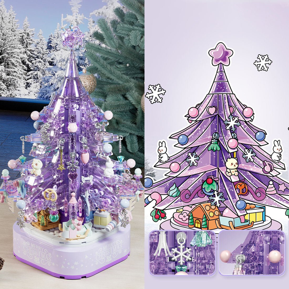 Crystal Christmas Tree Music Box with Light - Purple - LesDiy